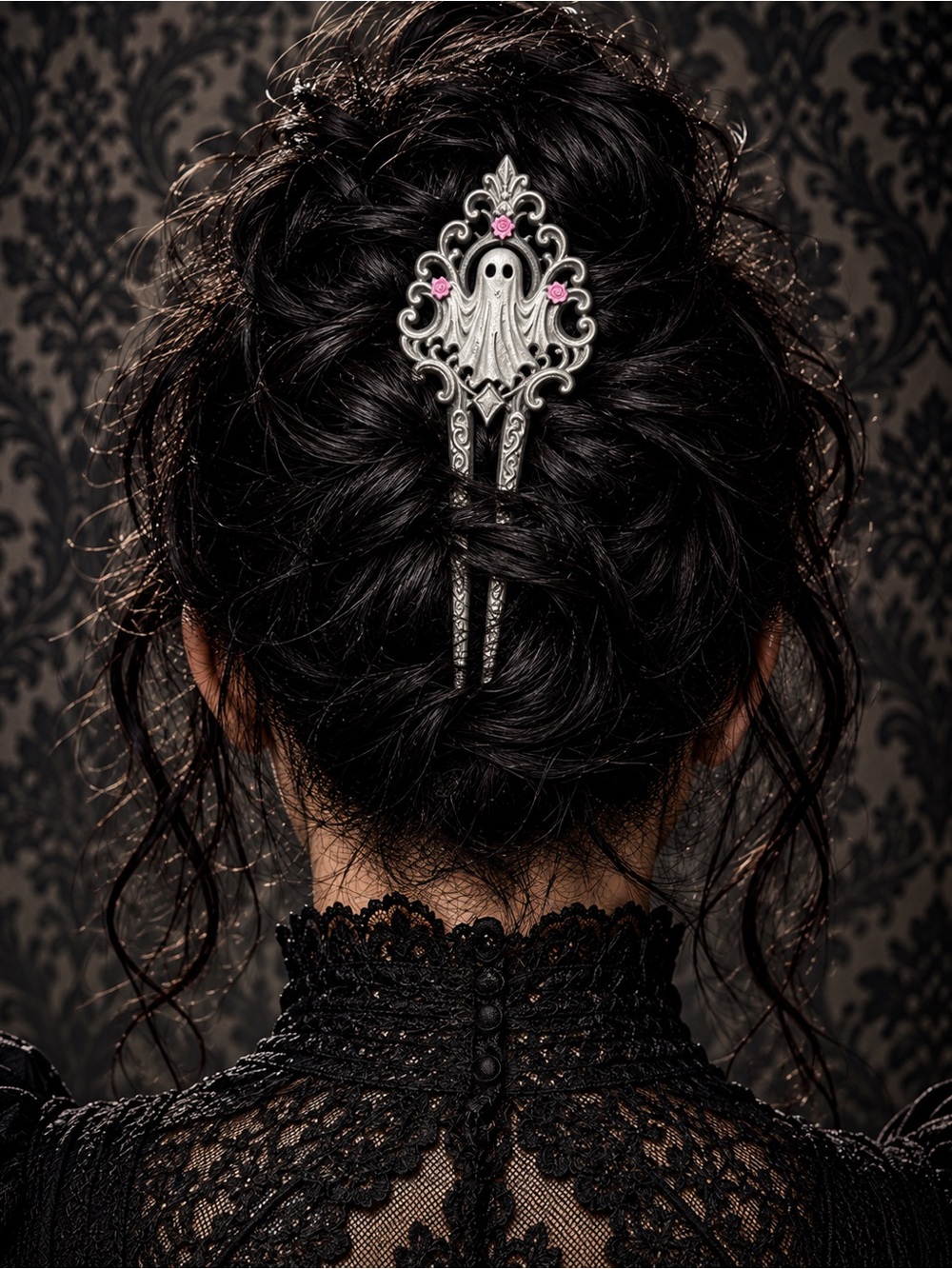 Gothic Ghost Hair Fork – Silver & Black Pink Roses